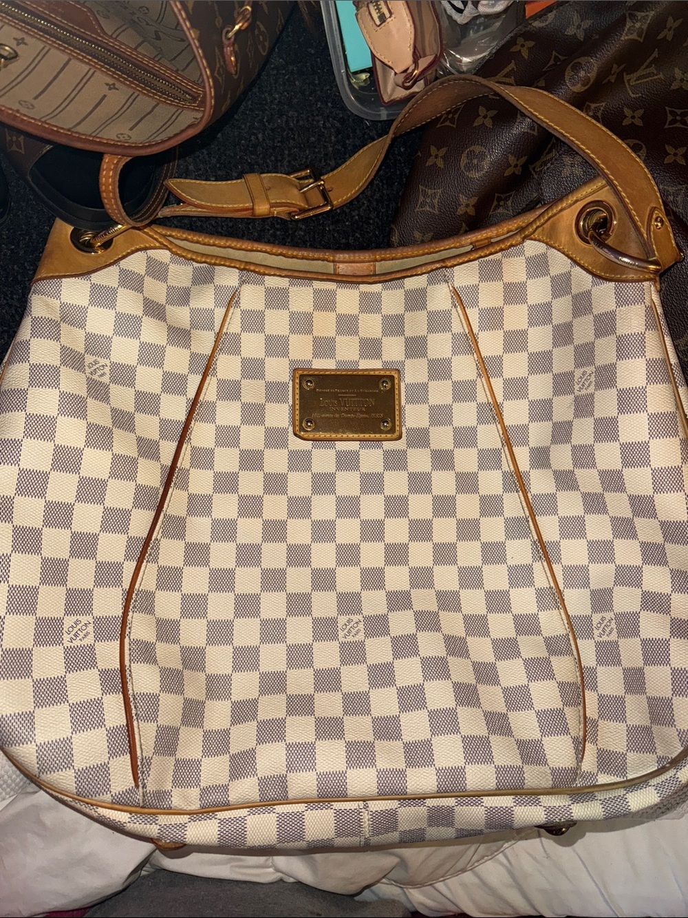 Louis Vuitton Damier Azur Gallaria GM Shoulder Bag with Tan Leather Trim